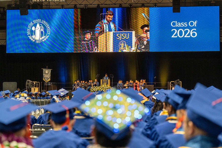 Zain Zaidi, ’21 Electrical Engineering, co-founder and CEO of Transcrypts, spoke at the Charles W. Davidson College of Engineering commencement ceremony on May 20