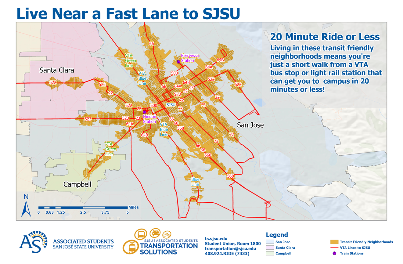 A map of where you can live near campus that will enable you to take public transit and get to campus in 20 mins or less.
