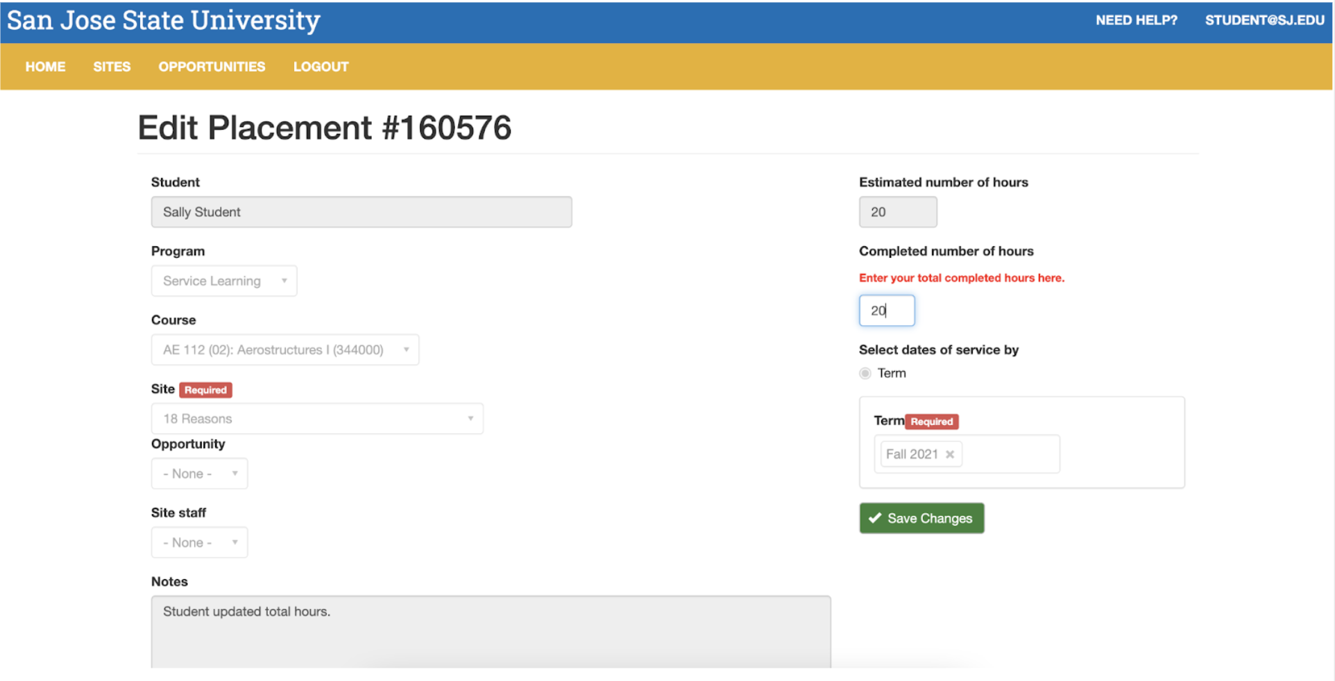 SJS4 Edit Placement Page Screenshot Screenshot of SJS4 Edit Placement Page