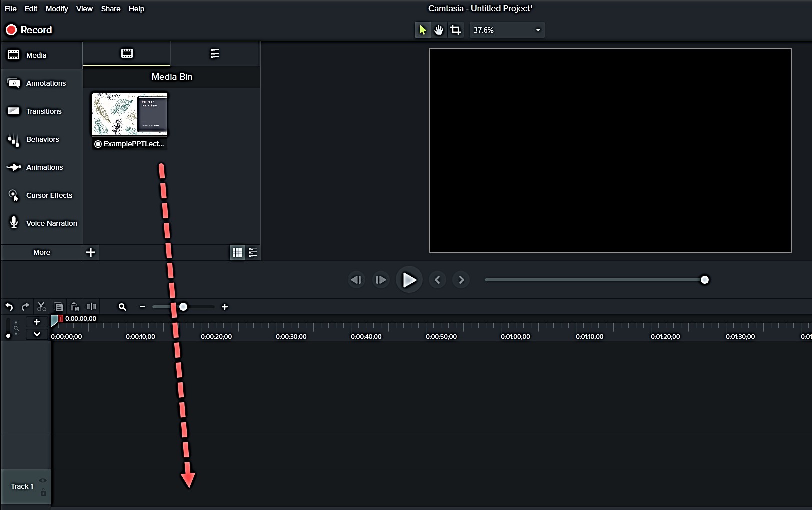 Camtasia Editor with the recorded video dragged onto the timeline