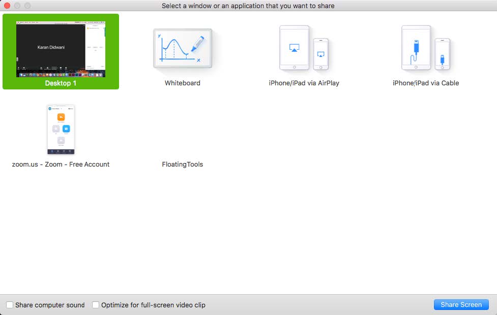 The Share screen section of the toolbar