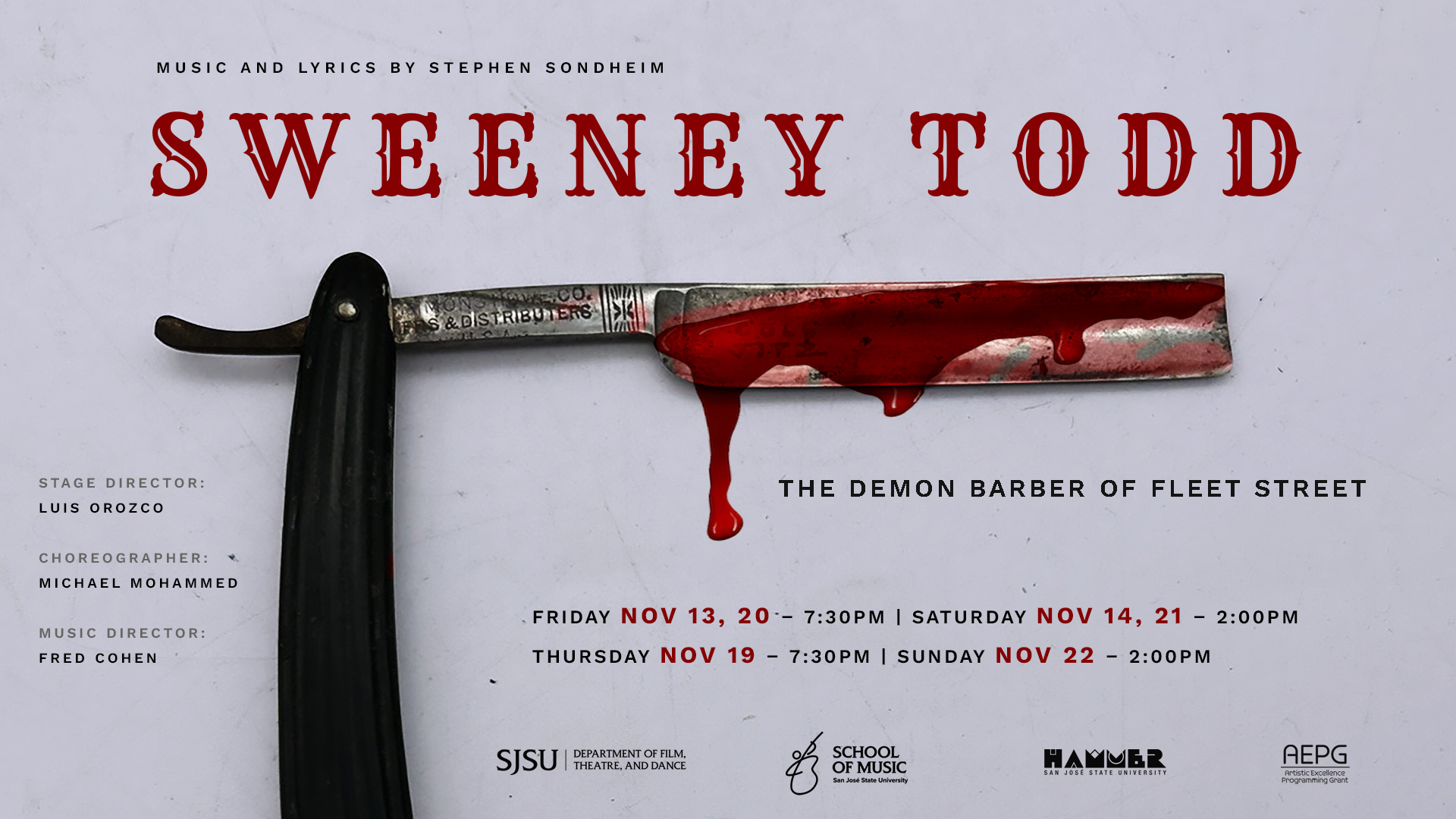 The Sweeney Todd poster, depicting a barber's razor covered in blood.