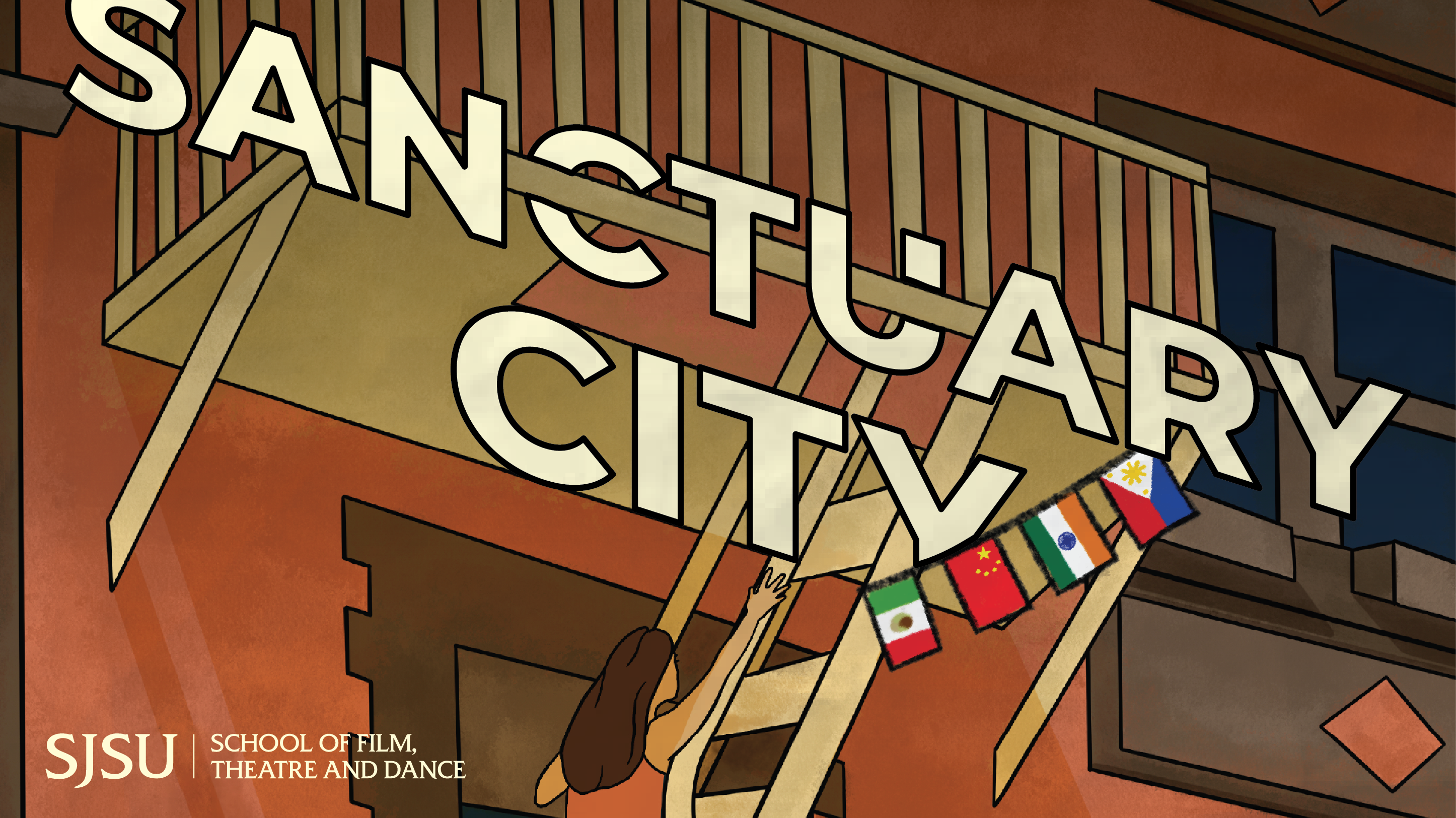 The Sanctuary City Poster, depicting an illustration of an old, New York-style fire escape. 