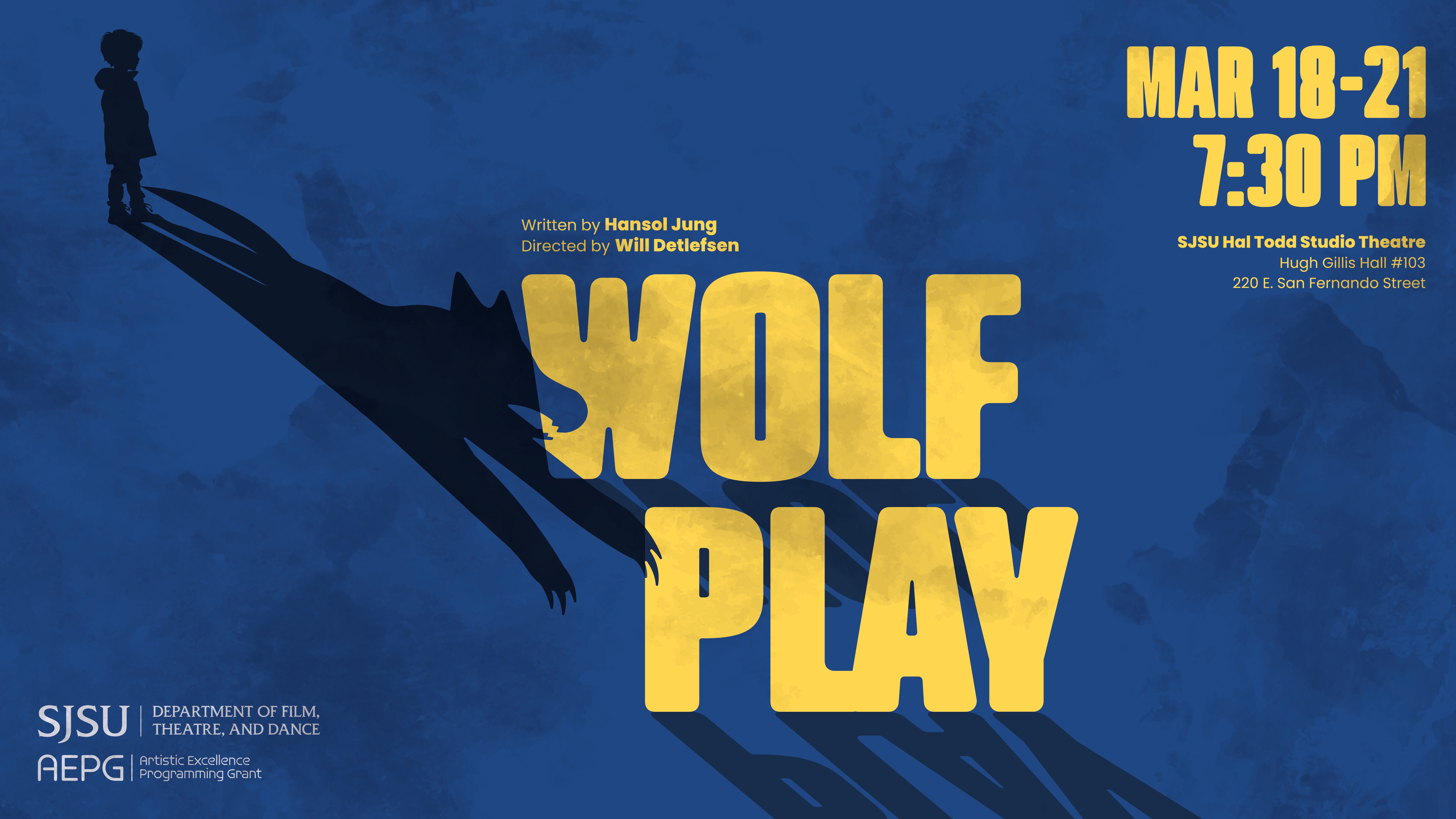 Wolf Play Title Card Wolf Play title card, depicting the sillhouette of a boy with his shadow extending into the shape of a wolf.