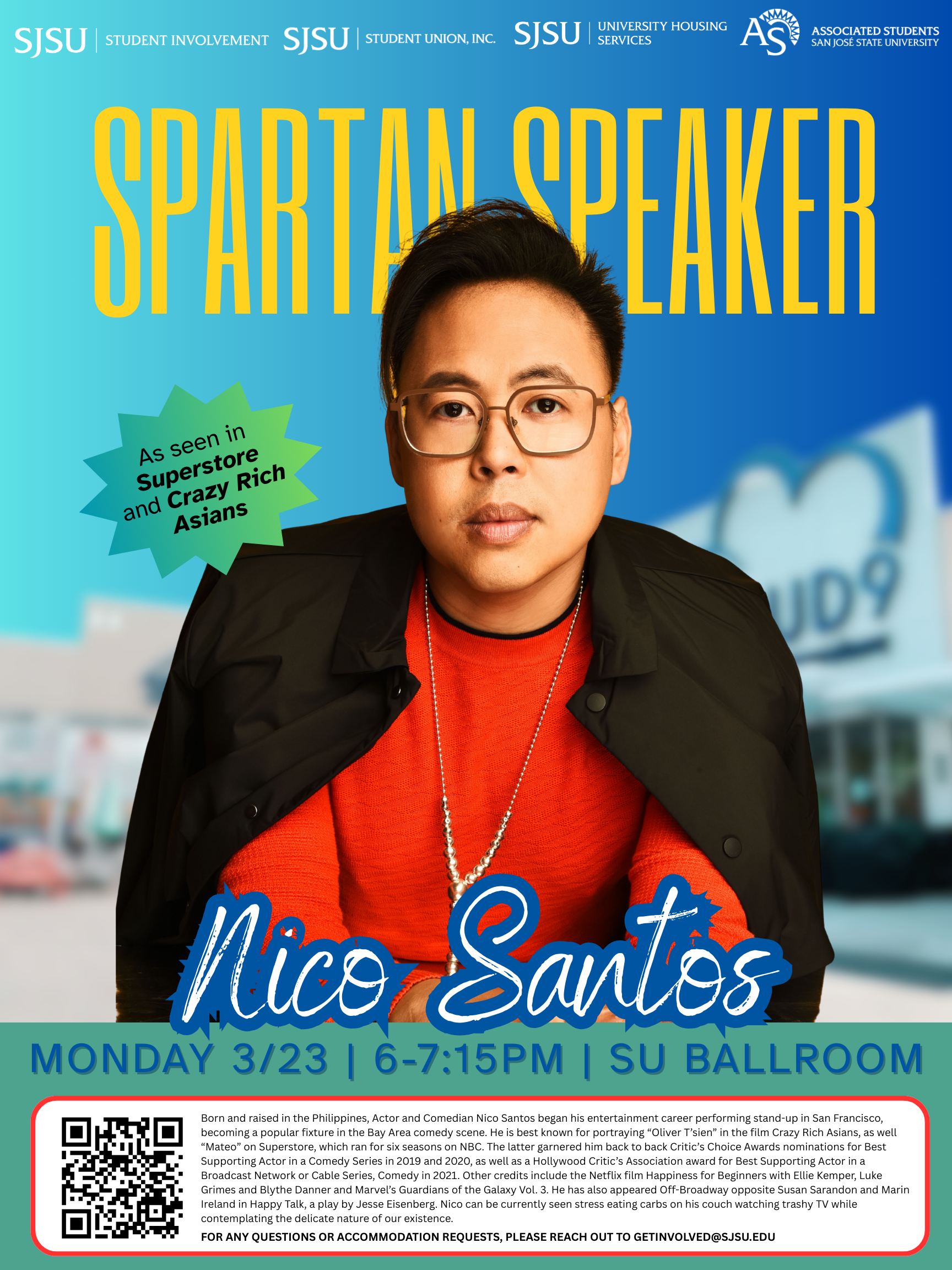 Spartan Speaker Series featuring Nico Santos event poster Promotional poster for an SJSU Spartan Speaker event featuring Nico Santos, with event date, time, and location details.