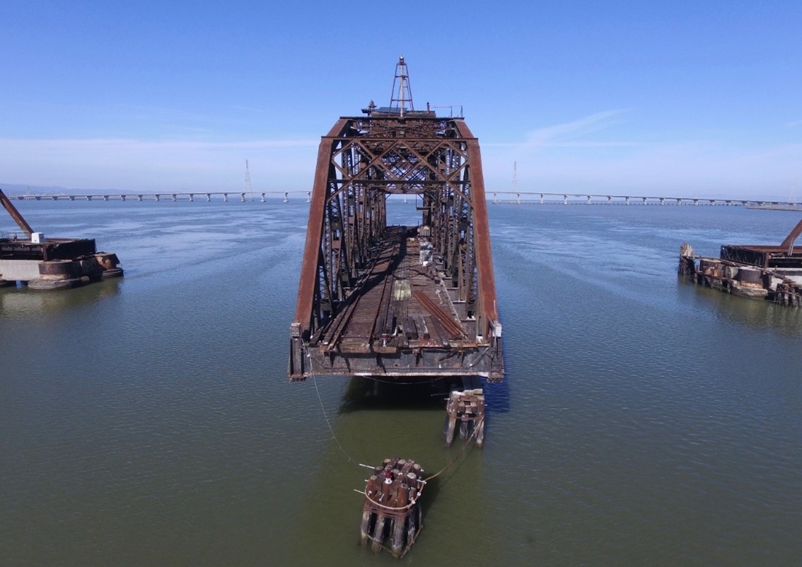 Drone view of the Dumbarton Bridge left open to provide boat access south of the bridge Drone view of the Dumbarton Bridge left open to provide boat access south of the bridge