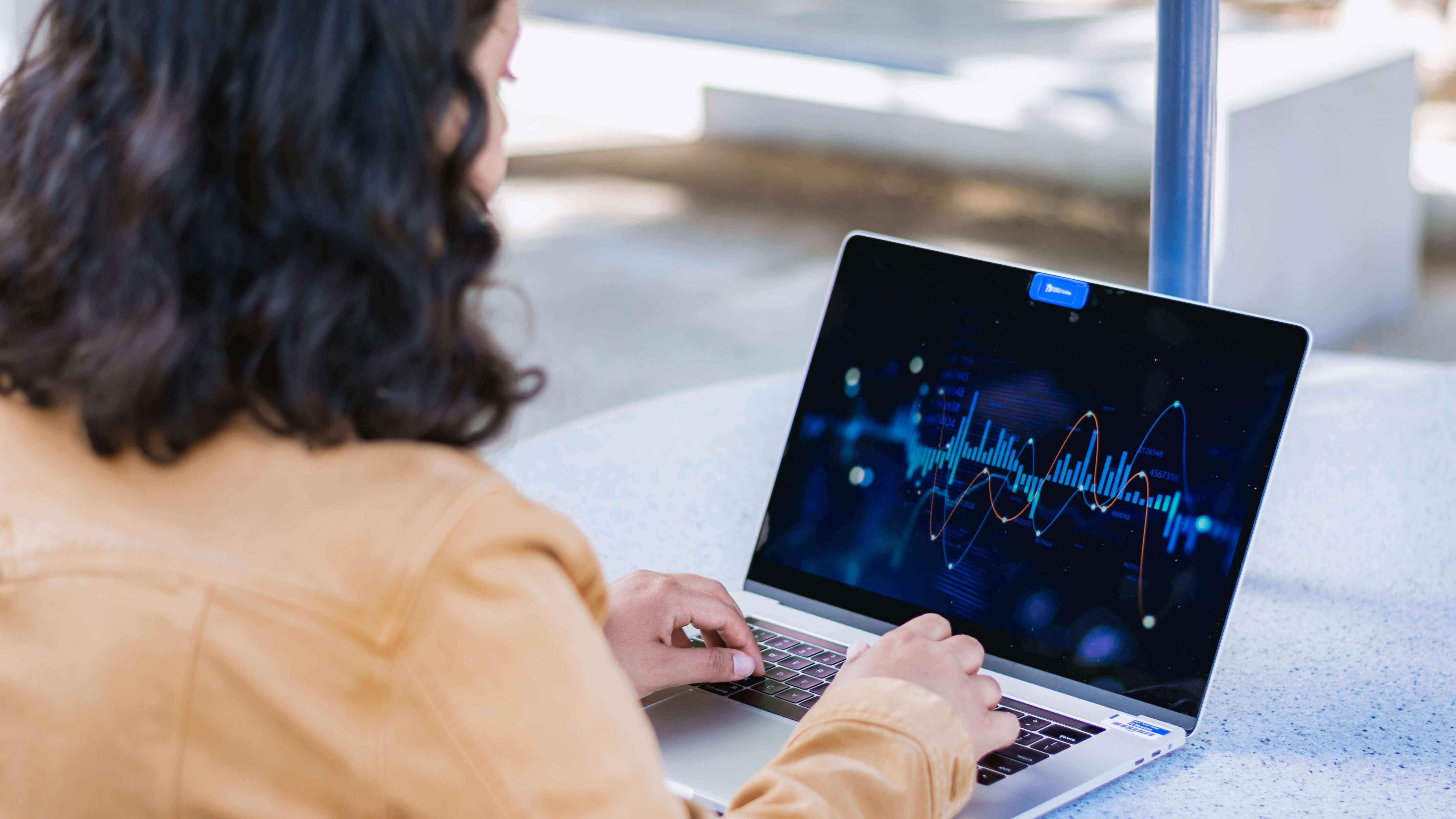 Student analyzing data on a laptop