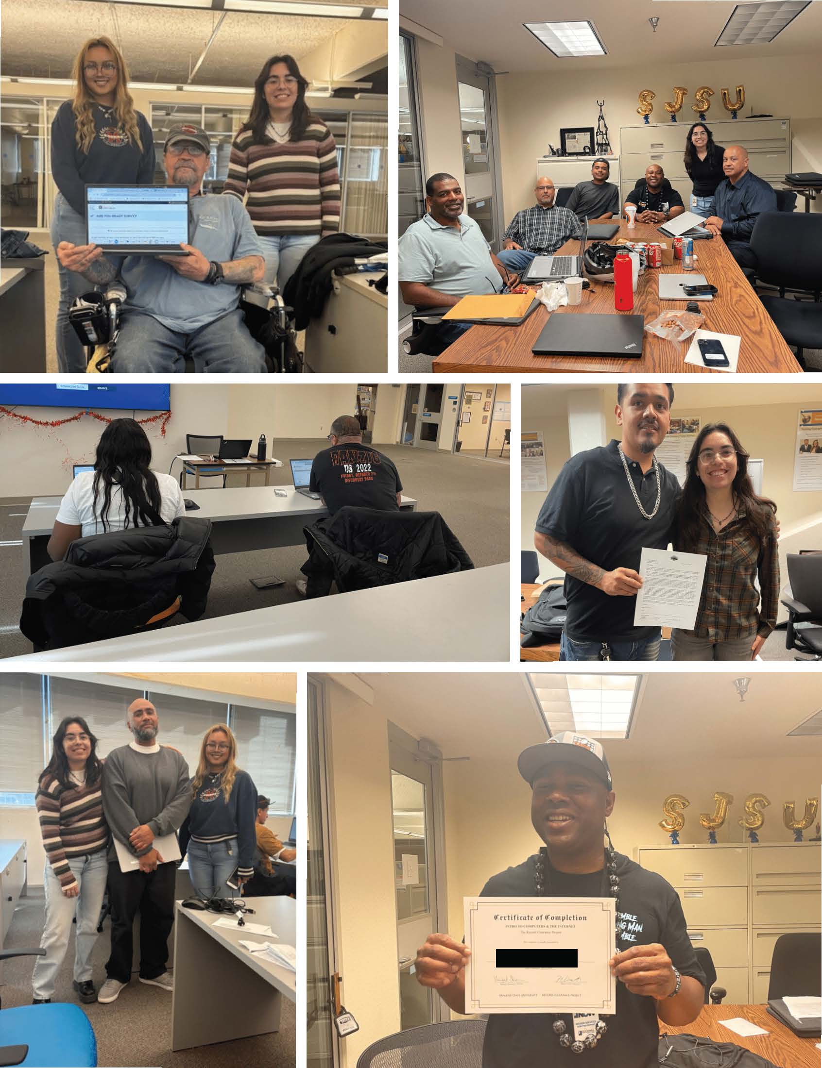 Past Digital Literacy Students and Instructors Pictures featuring former Digital Lit teachers, Magali and Raya, with their students. Some are seen working on their computers while others are smiling with their certificates after completing the program.