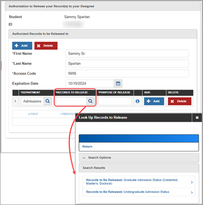 Authorization to Release page showing how to select the types of records to be released using the records lookup.