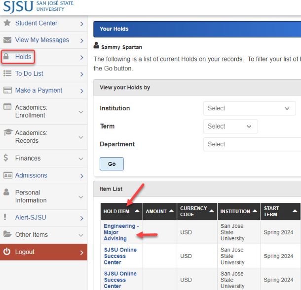 Where to click to find the details of the hold on MySJSU Where to click to find the details of the hold on MySJSU