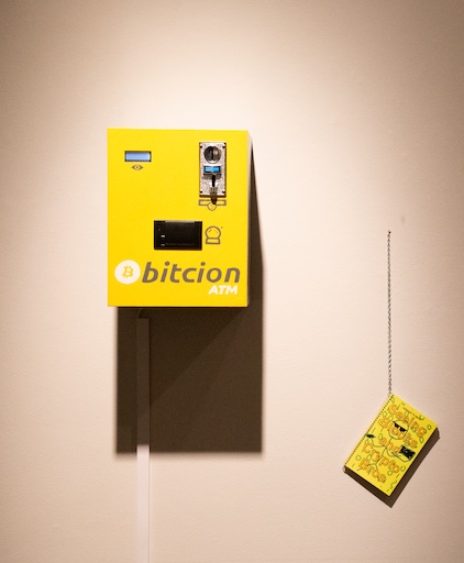 Anxious to Make (Liat Berdugo + Emily Martinez) Bitcoin Futures, 2018 Wood, electronics, LCD display, thermal printer, digital coin acceptor, paint Seeing Blocks and Crypto Bros, 2018 Artist book Courtesy the artists (Liat Berdugo + Emily Martinez) Anxious to Make (Liat Berdugo + Emily Martinez) Bitcoin Futures, 2018 Wood, electronics, LCD display, thermal printer, digital coin acceptor, paint Seeing Blocks and Crypto Bros, 2018 Artist book Courtesy the artists (Liat Berdugo + Emily Martinez)